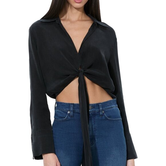 NWT Alice + Olivia Hannon Tie Front Blouse Black Size S - Picture 1 of 10